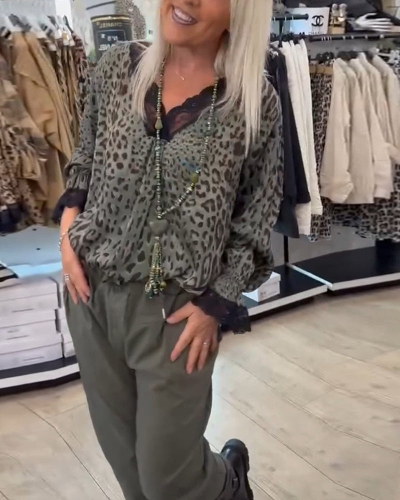 Leopardenbluse Frauen V-Ausschnitt Spitze Blumenmuster - IdealeKleiden