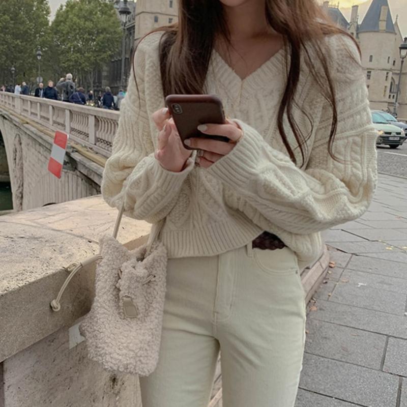 Women's Knitted Jumper V-Neck Casual Long-Sleeved