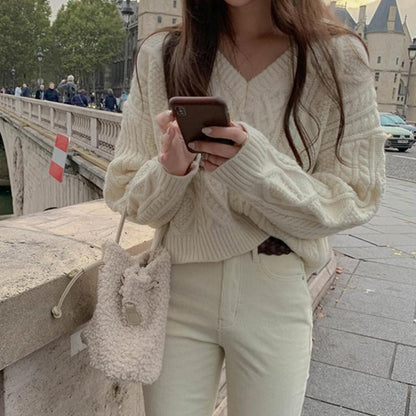 Women's Knitted Jumper V-Neck Casual Long-Sleeved