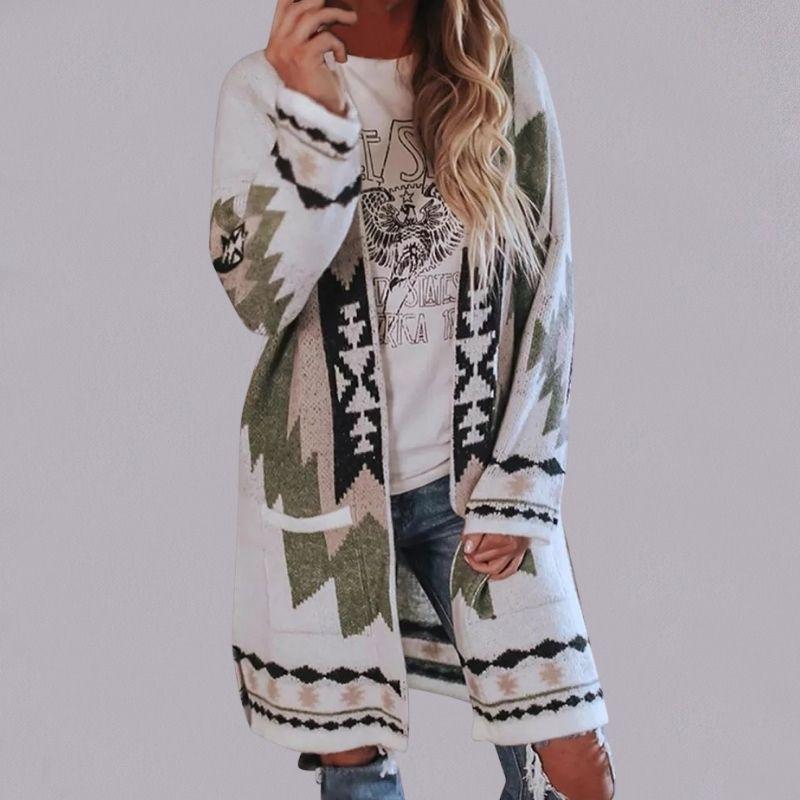 Long Knit Cardigan Generous Geometric Comfortable
