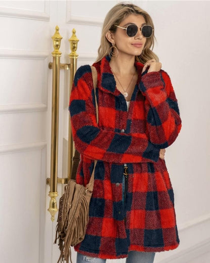 Oversized Winter Coat Soft Checked Buttons