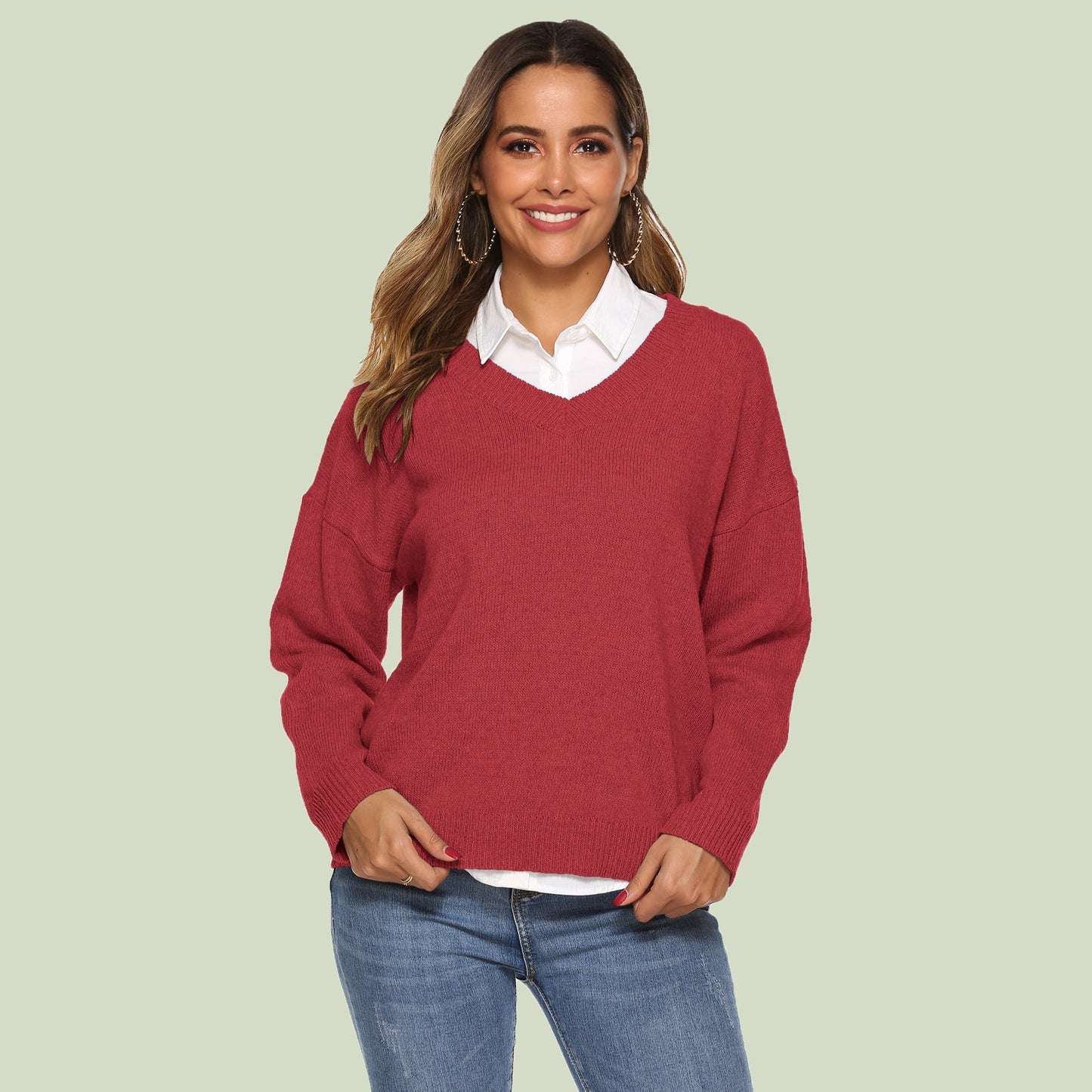 Women's Knitted V-Neck Sweater Comfortable Long Sleeve