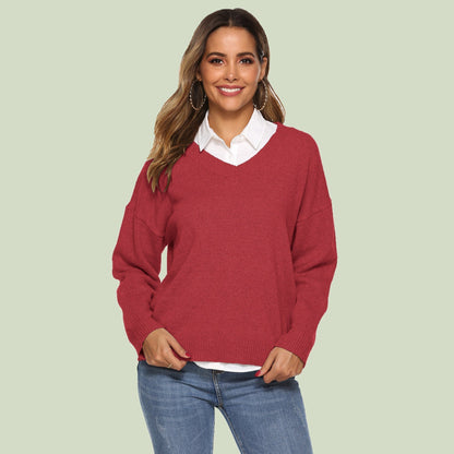 Women's Knitted V-Neck Sweater Comfortable Long Sleeve