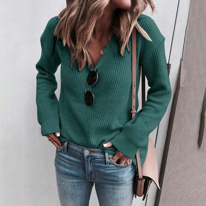 Women's Soft Rib-Knit V-Neck Loose Fit Sweater