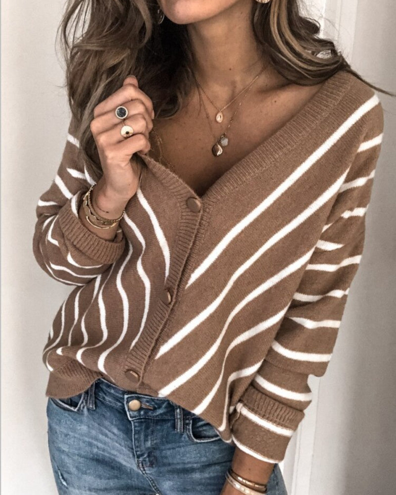 Fashionable Cardigan Knit V-neck Buttons Striped Long Sleeve