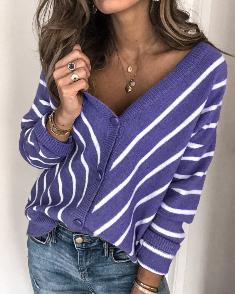 Fashionable Cardigan Knit V-neck Buttons Striped Long Sleeve