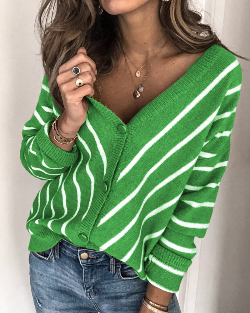 Fashionable Cardigan Knit V-neck Buttons Striped Long Sleeve