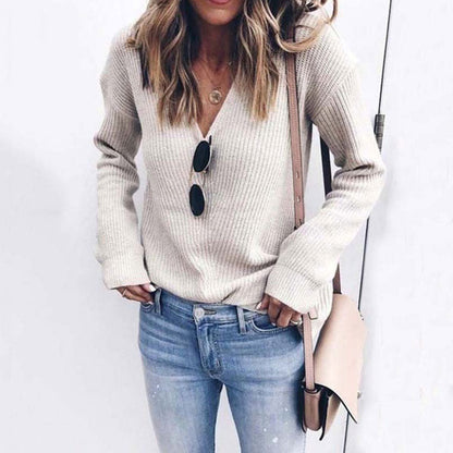 Women's Soft Rib-Knit V-Neck Loose Fit Sweater