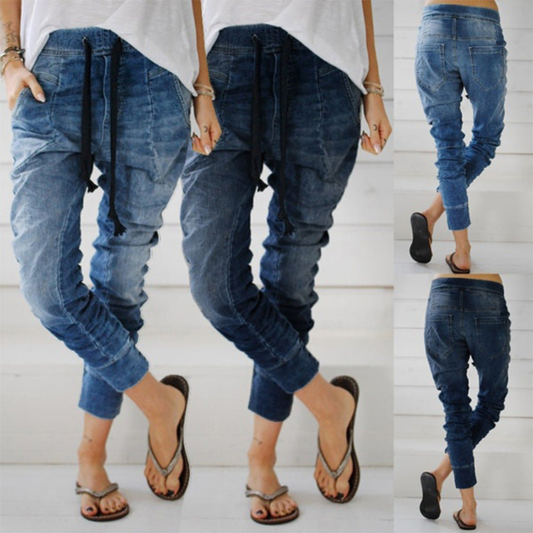 Damen Cargohose Bequem Denim Elastic Waist - IdealeKleiden