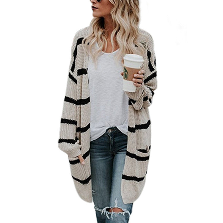 Women's Knitted Cardigan Casual Stripe Design Open Front