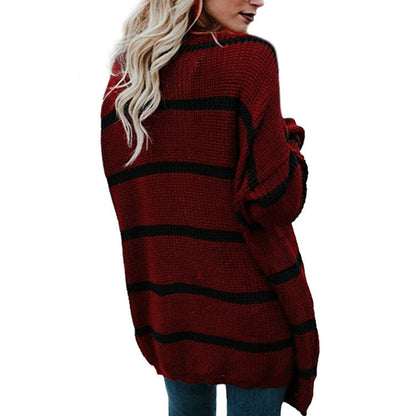 Women's Knitted Cardigan Casual Stripe Design Open Front