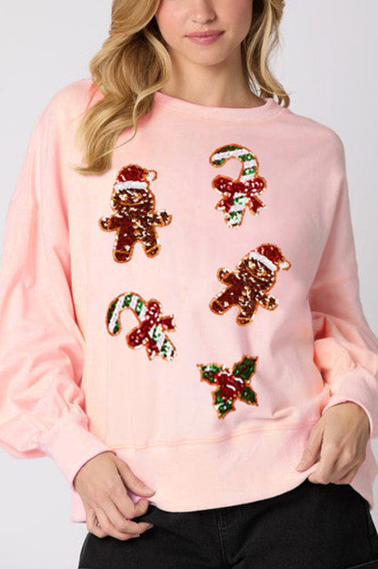 Christmas Sweatshirt Gingerbread Man Glitter Casual Long Sleeve