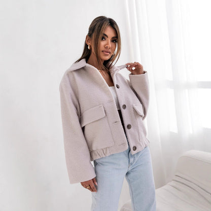 Oversized Wool Jacket Short Modern Buttons and Pockets
