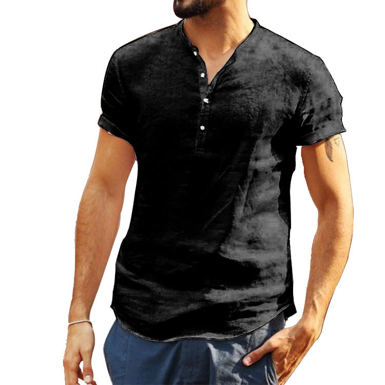 Men's Short-Sleeve Cotton Shirt with Modern Stand-Up Collar