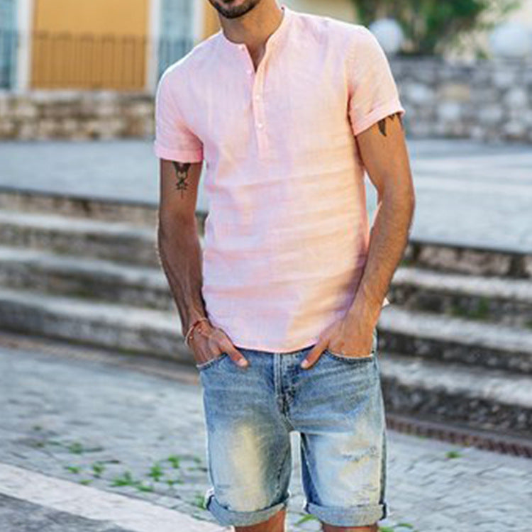 Men's Short-Sleeve Cotton Shirt with Modern Stand-Up Collar