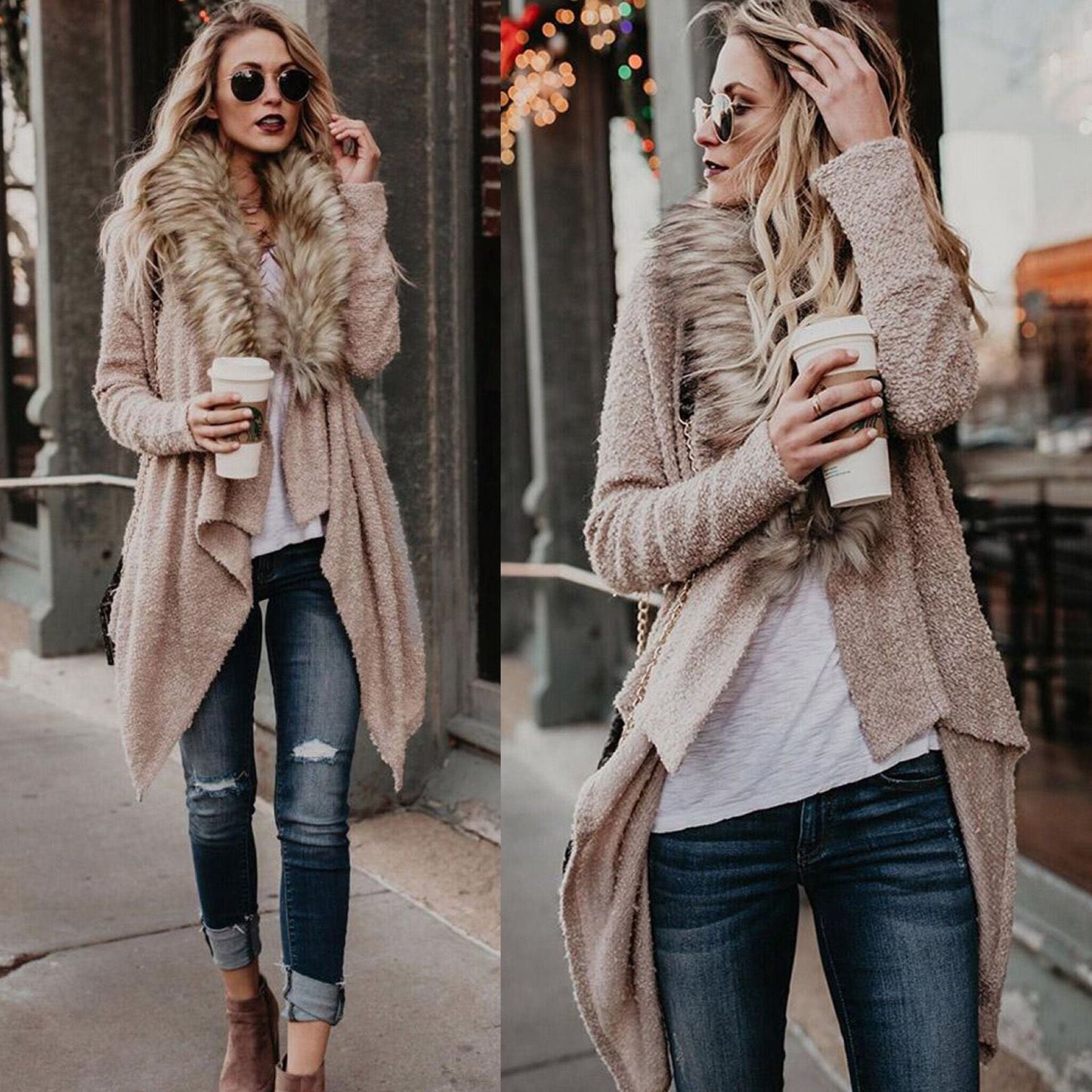 Women's Knit Cardigan Luxury Fur Collar Asymmetric Elegant