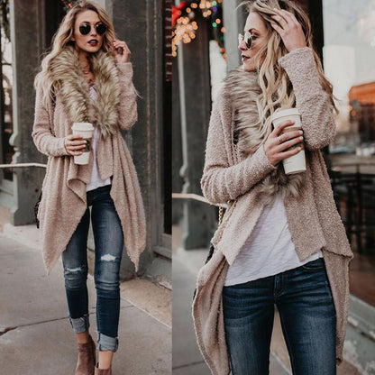 Women's Knit Cardigan Luxury Fur Collar Asymmetric Elegant