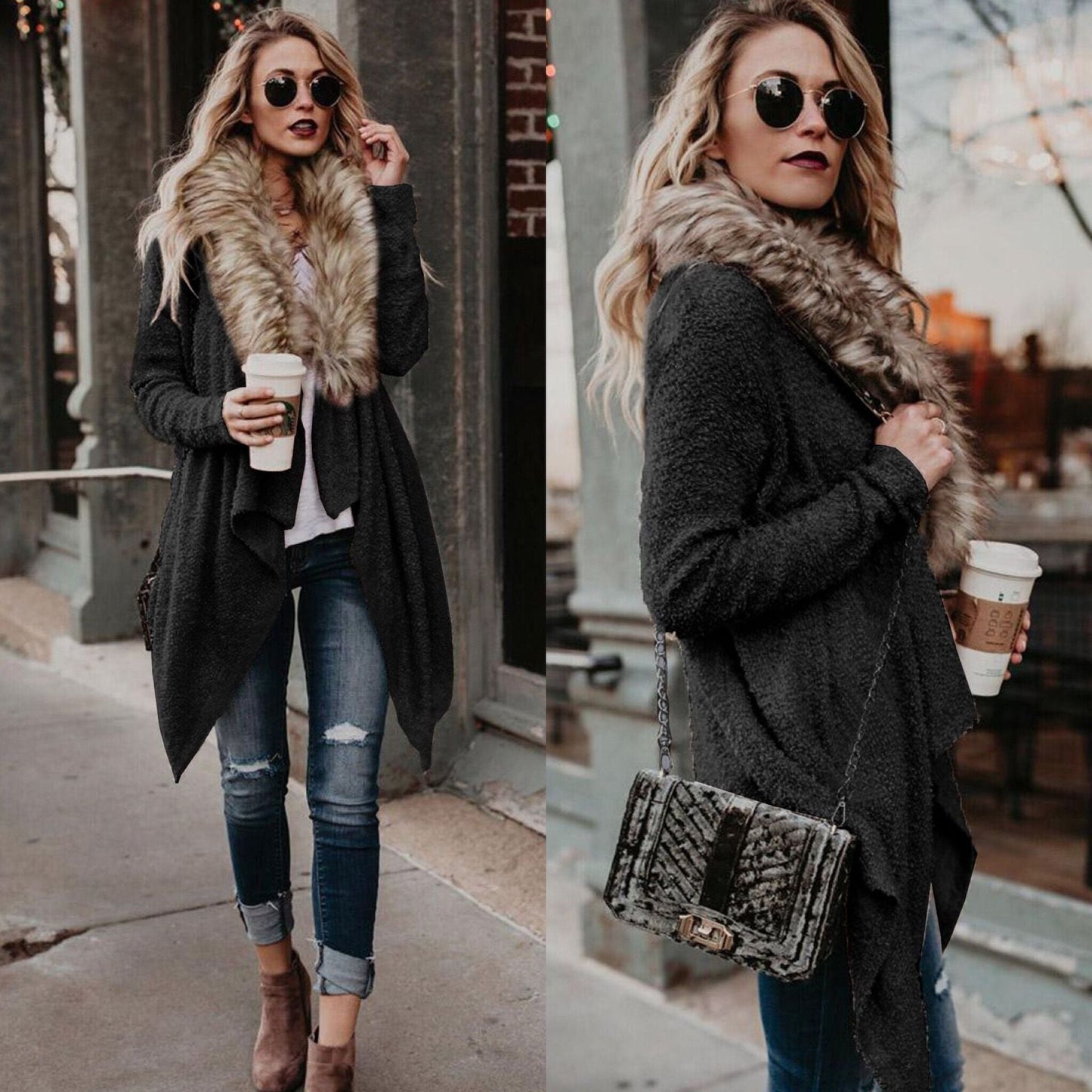 Women's Knit Cardigan Luxury Fur Collar Asymmetric Elegant