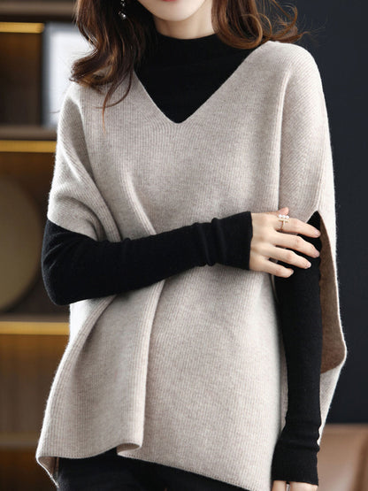 Damen Strickpullover V-Ausschnitt Einfarbig - IdealeKleiden