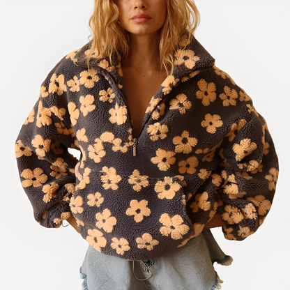 Damen Sherpa Pullover Blumenmuster Trendy
