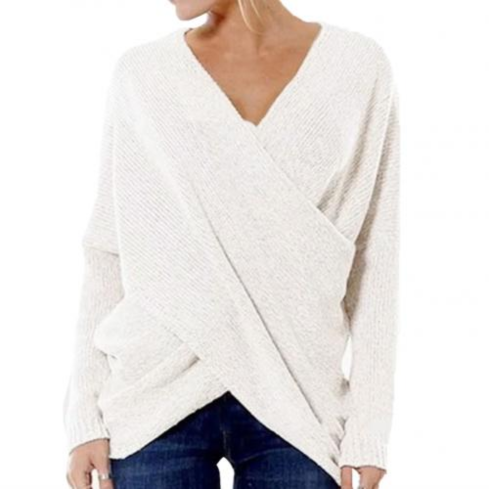 Women's Scarf Wrap Pullover Long-sleeved Ribbed