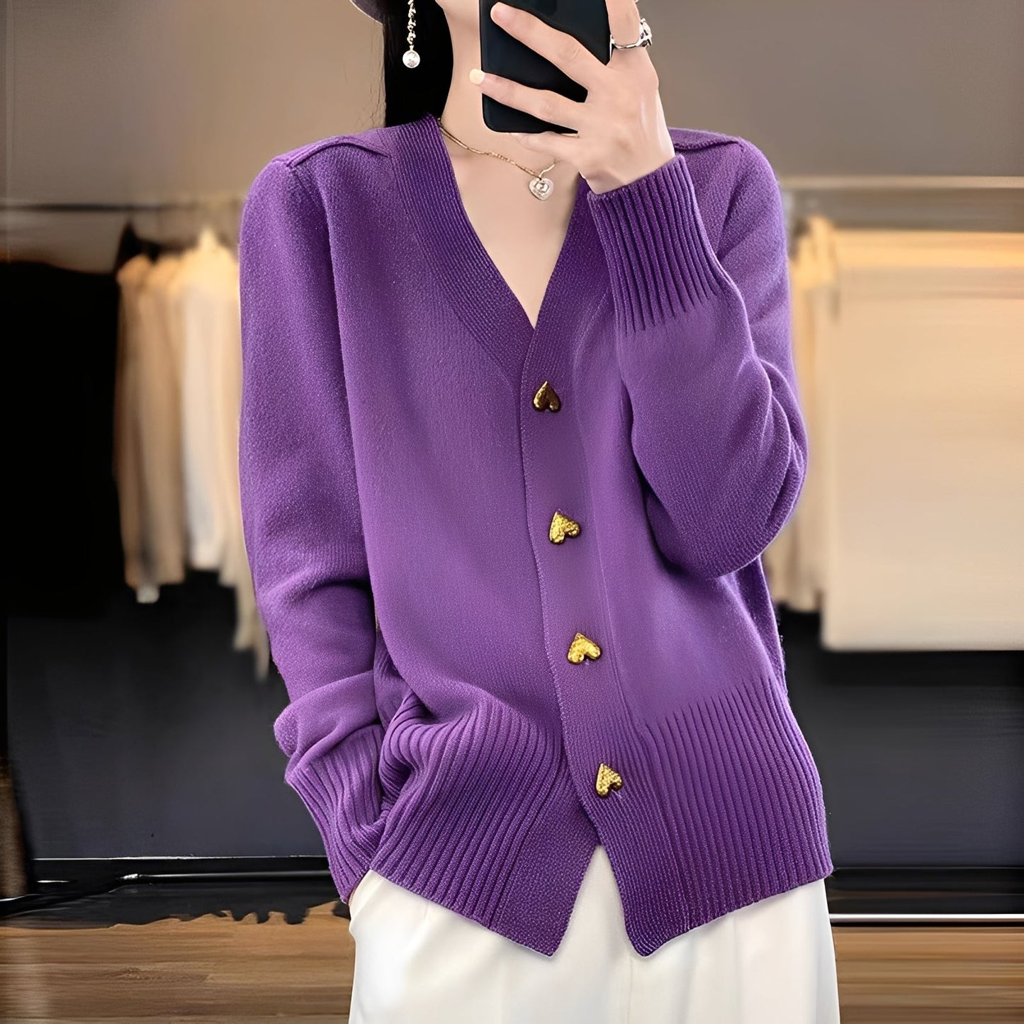 Women's Cardigan Heart Buttons Elegant