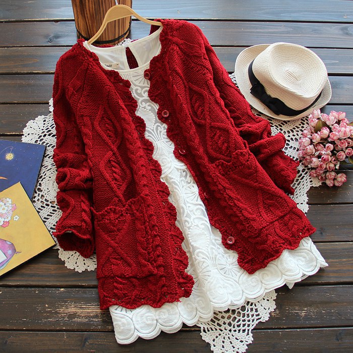 Women's Cable Knit Cardigan Ruffle Detail Look