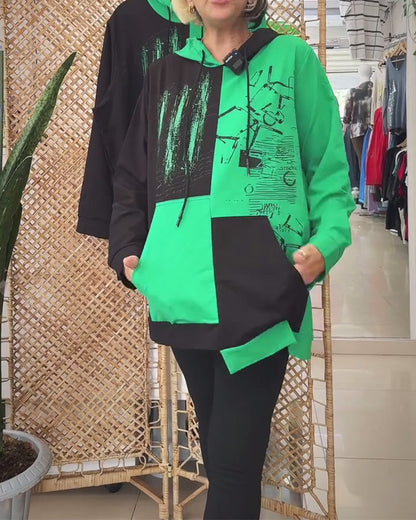 Color Block Print Hoodie Trendy