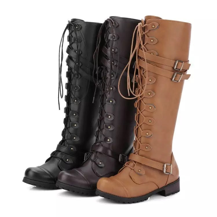 Wasserdichte Stiefel Damen | Kniehohe Lederschuhe mit Rundkopf und Gurt - IdealeKleiden