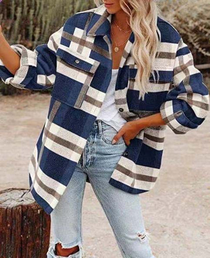 Oversized Plaid Long Shirt Jacket with Chest Pocket