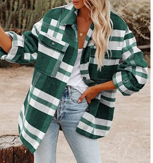 Oversized Plaid Long Shirt Jacket with Chest Pocket