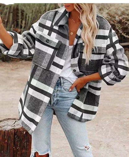 Oversized Plaid Long Shirt Jacket with Chest Pocket
