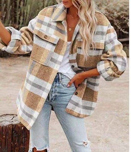 Oversized Plaid Long Shirt Jacket with Chest Pocket