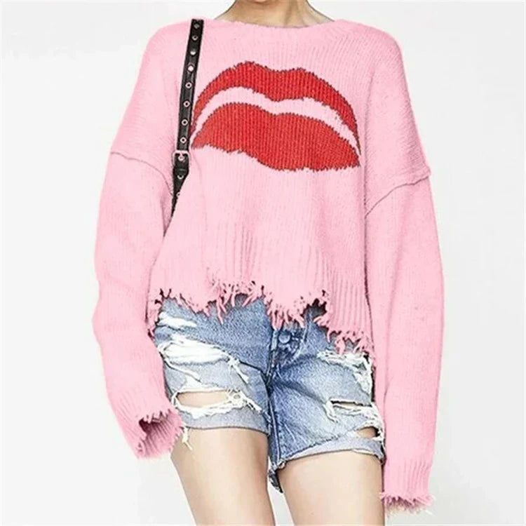 Oversized sweatshirt with lip motif and fringe