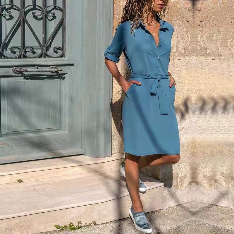 Women's Shirt Dress Elegant Design with Belt and Pockets