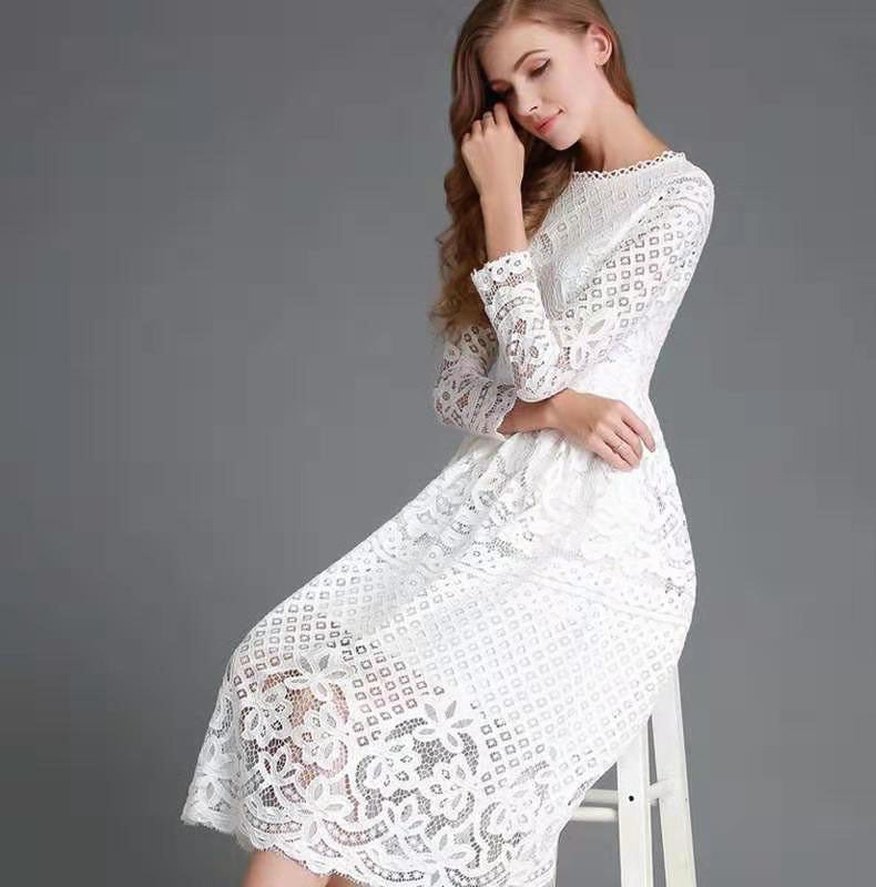 Elegant Women's Dress Lace Floral Long-sleeved