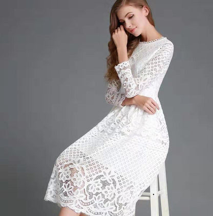 Elegant Women's Dress Lace Floral Long-sleeved