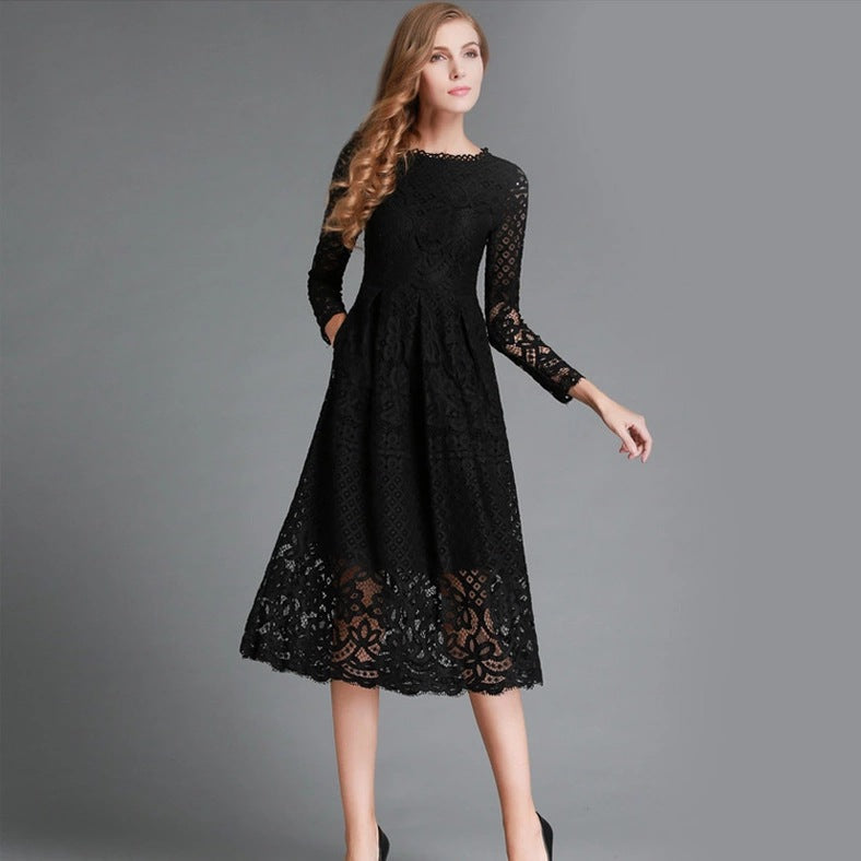Elegant Women's Dress Lace Floral Long-sleeved