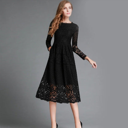 Elegant Women's Dress Lace Floral Long-sleeved