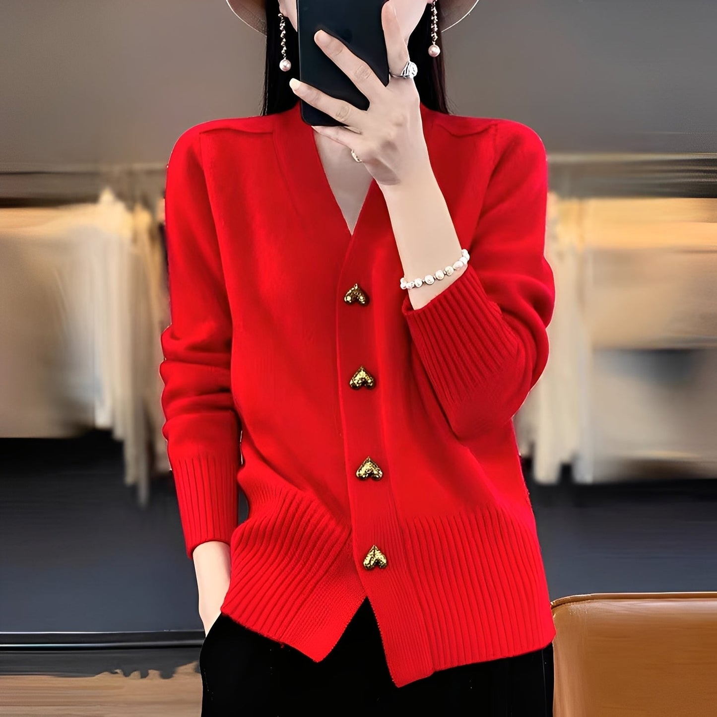 Women's Cardigan Heart Buttons Elegant