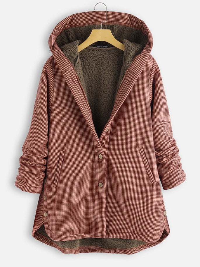 Hooded Coat Sherpa Lining Plaid Casual
