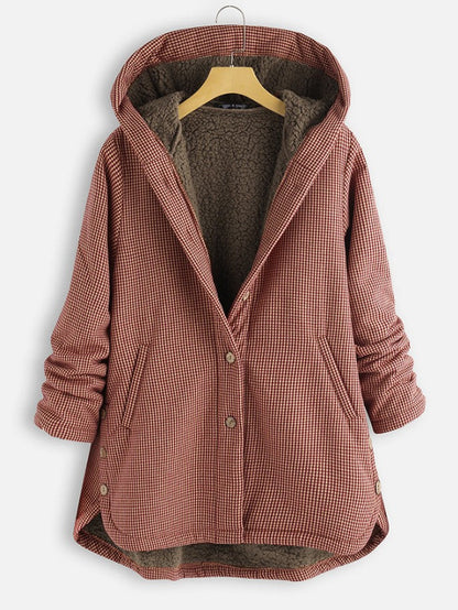 Hooded Coat Sherpa Lining Plaid Casual