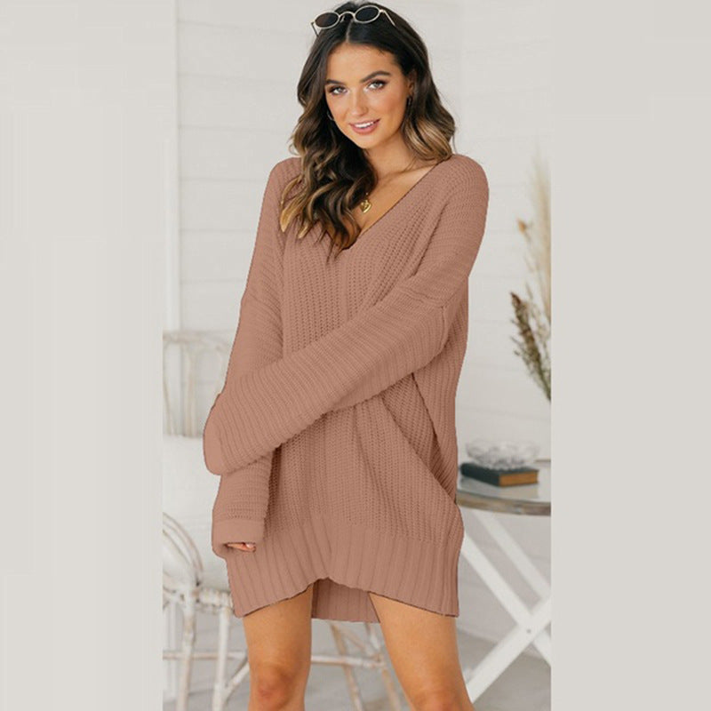 Women's Pullover Dress Chunky Knit V-Neck Casual Chic