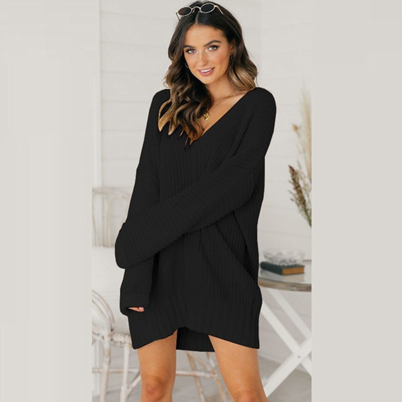 Women's Pullover Dress Chunky Knit V-Neck Casual Chic