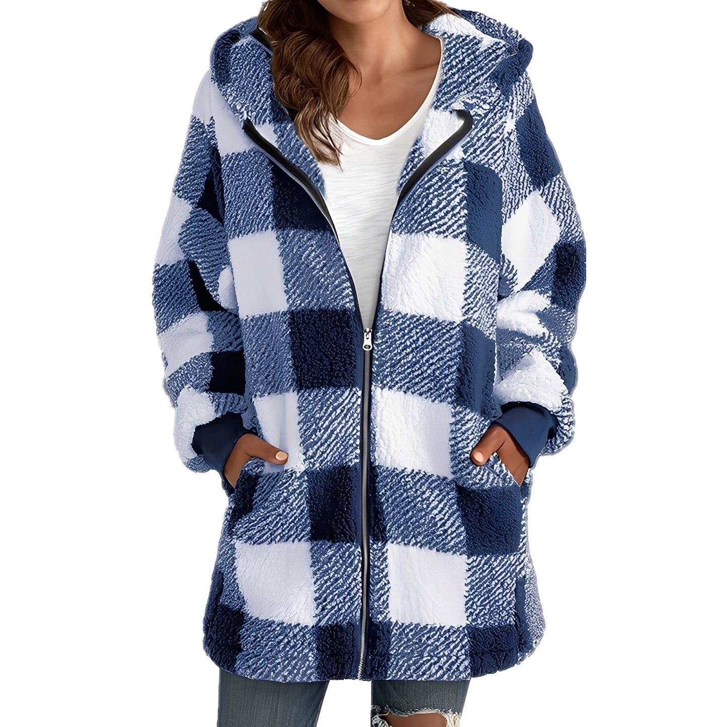 Fashionable Women's Hoodie Plaid Pattern