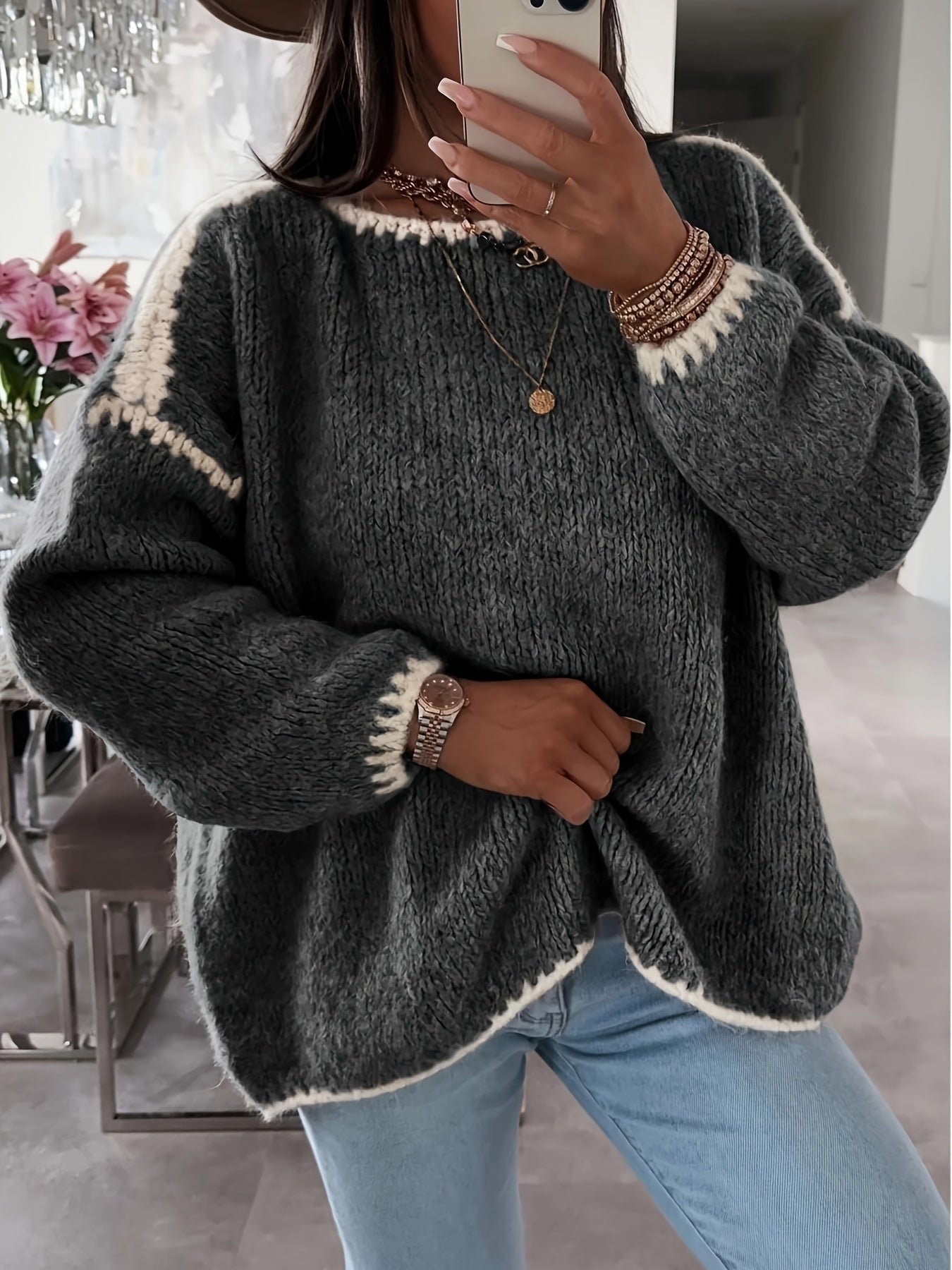 Lockere Strickpullover Weich Gemütlich Häkel Details