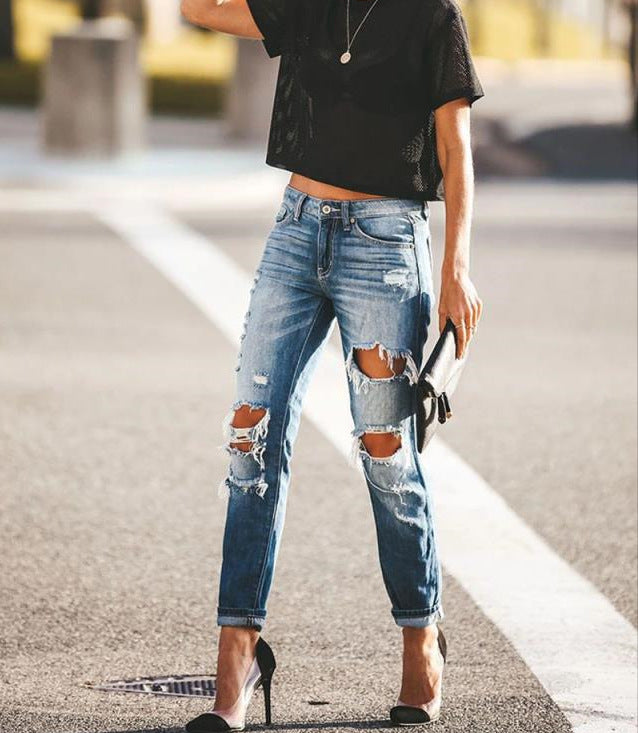 Women's Ripped Slim Fit Jeans with Fringe Detail