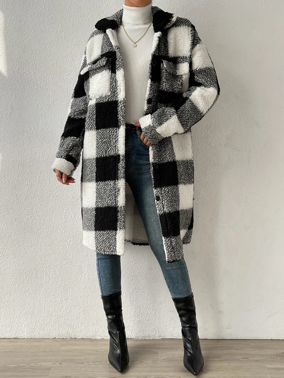 Checked Women's Jacket Plush Collar Button Closure
