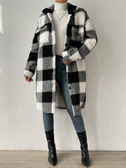 Checked Women's Jacket Plush Collar Button Closure