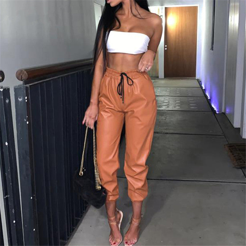 Women's Jogging Bottoms Soft Faux Leather Elastic